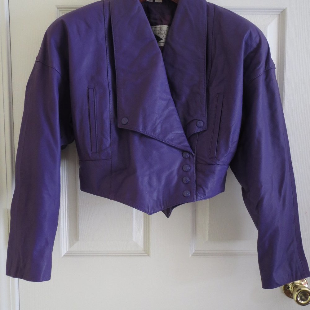 Vintage 90s Purple Leather Crop Jacket and Skirt Suit